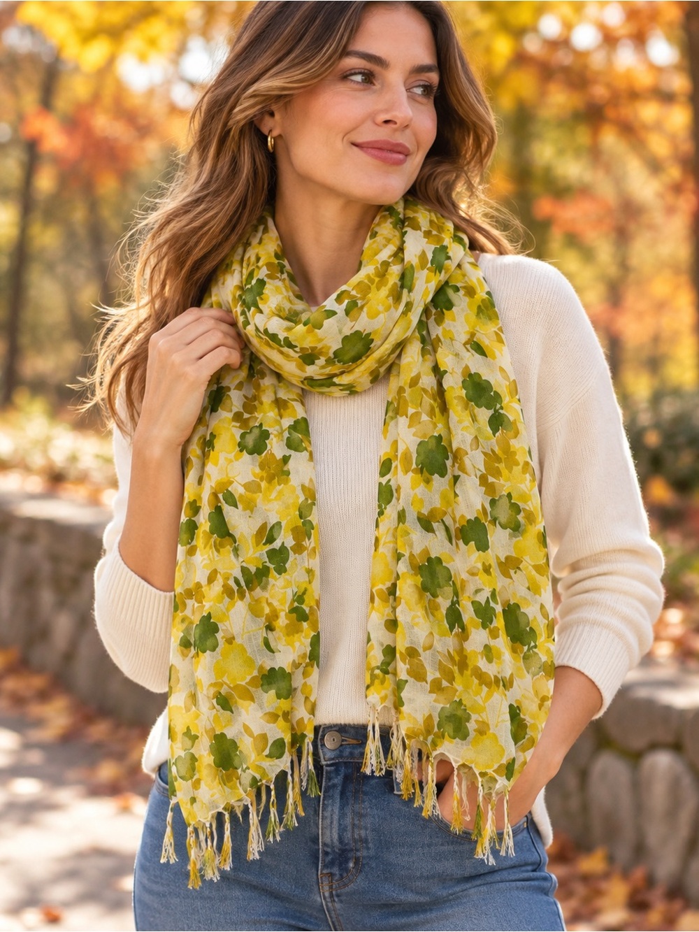 Banana Republic 100% Rayon Floral Scarf Wrap Yellow Green Fringe One Size